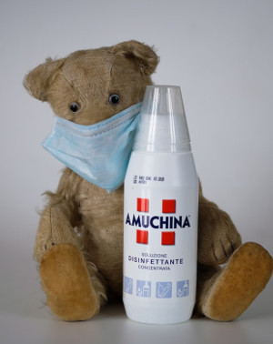 Bear with mask and sanitizer